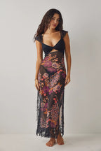 Women's Lace Floral Midi Dress Elegant Sheath Evening Fit