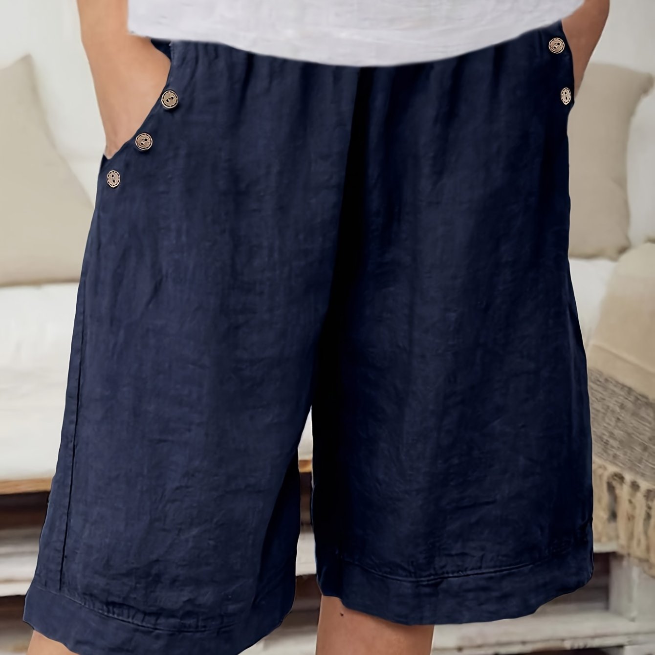 Plus Size Women's Elegant Vacation Shorts with Button Detail