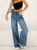 Women's Stretch Low Waist Baggy Wide Jeans Comfortable Trousers
