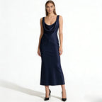 Women's Satin Midi Dress Cowl Neck Elegant Evening Fit