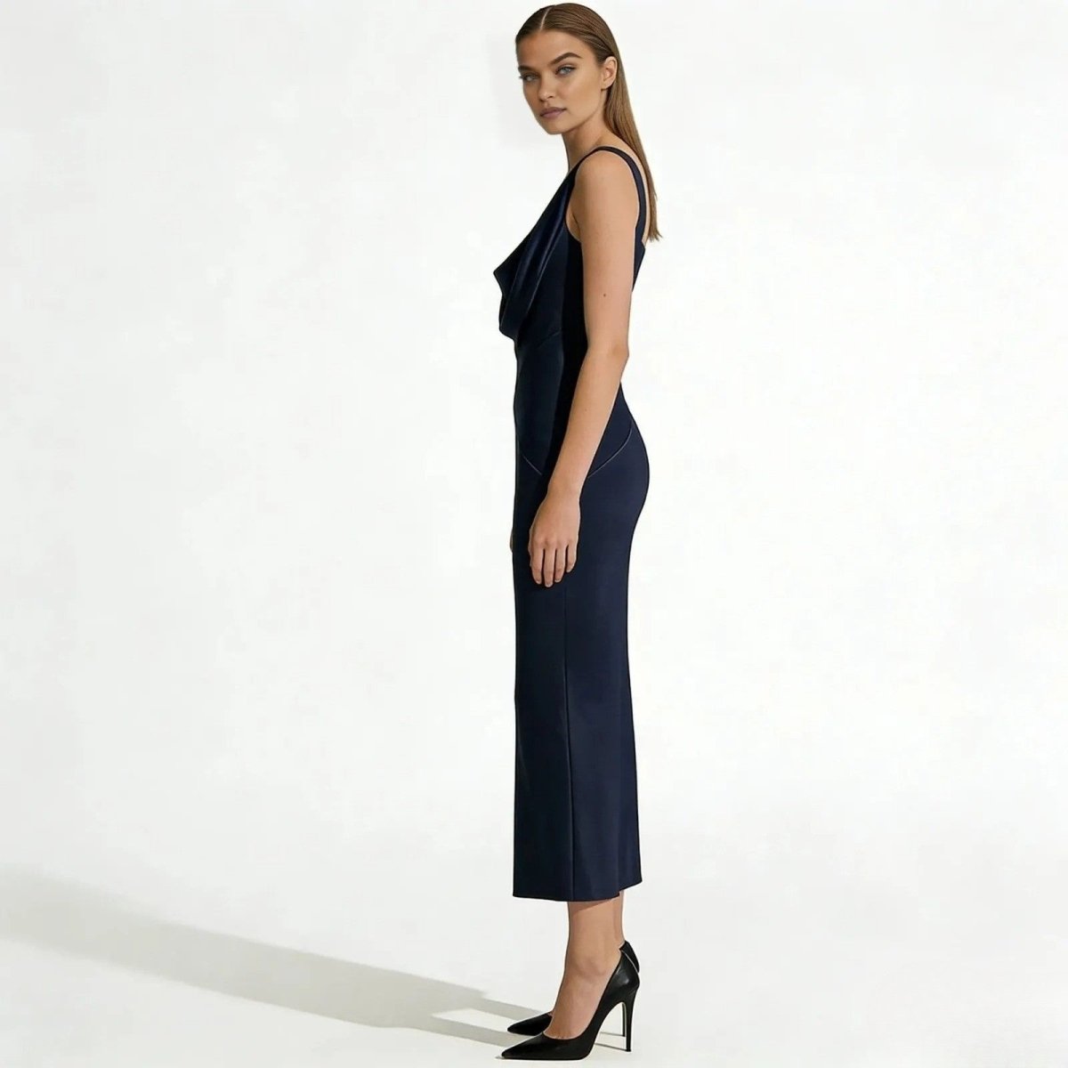 Women's Satin Midi Dress Cowl Neck Elegant Evening Fit
