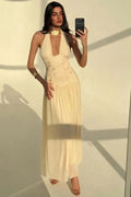 Women's Halter Evening Gown Embroidered Chiffon Maxi Dress