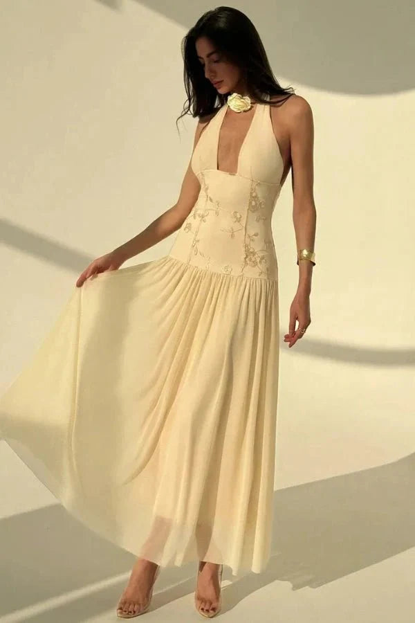 Women's Halter Evening Gown Embroidered Chiffon Maxi Dress