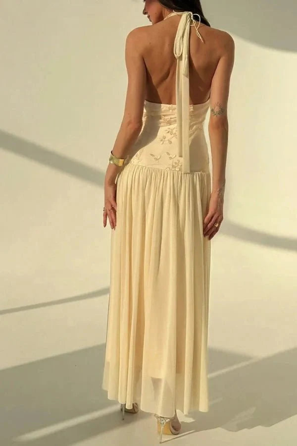 Women's Halter Evening Gown Embroidered Chiffon Maxi Dress
