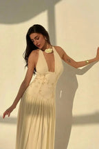 Women's Halter Evening Gown Embroidered Chiffon Maxi Dress
