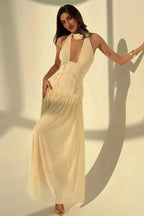 Women's Halter Evening Gown Embroidered Chiffon Maxi Dress