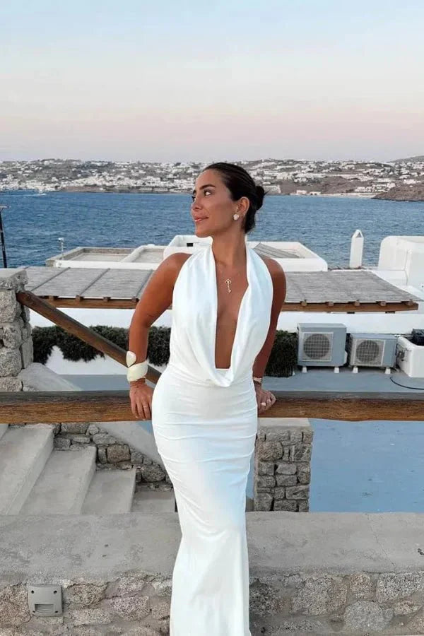 Women's Satin Halter Dress Elegant Open Back Evening Fit