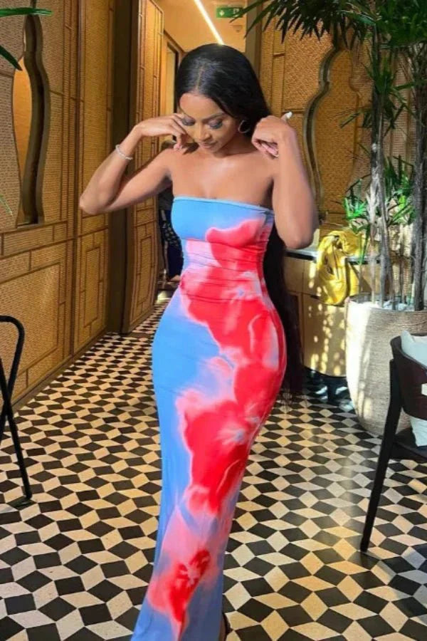 Women's Strapless Floral Maxi Dress Premium Stretch Evening Fit