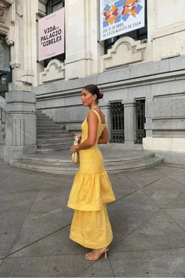 Women’s Linen Blend Ruffle Dress Elegant Wedding Guest Midi