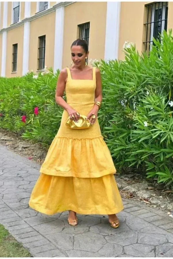 Women’s Linen Blend Ruffle Dress Elegant Wedding Guest Midi