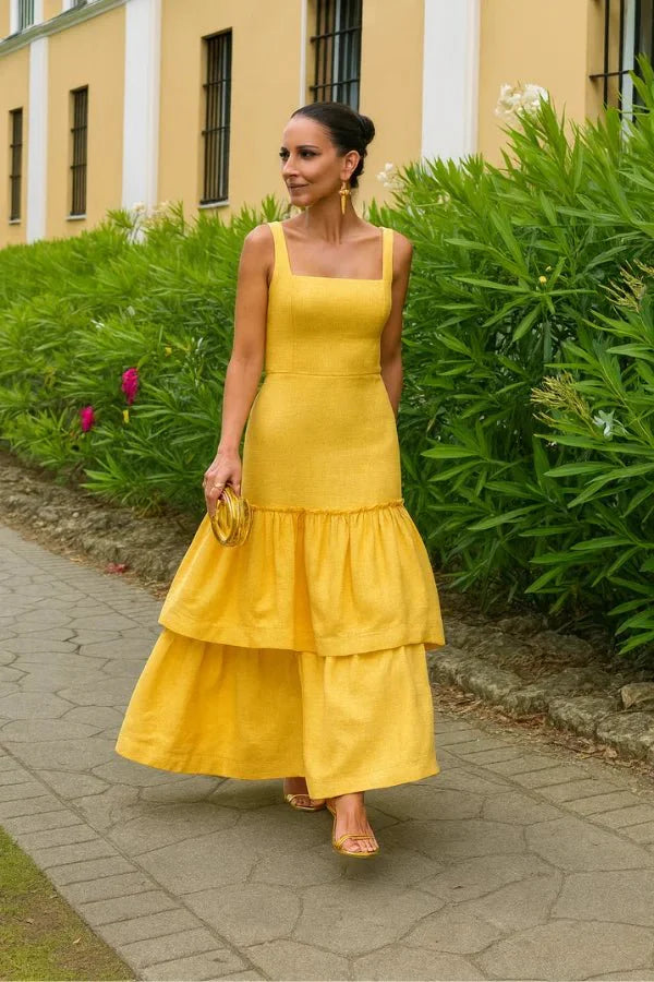 Women’s Linen Blend Ruffle Dress Elegant Wedding Guest Midi