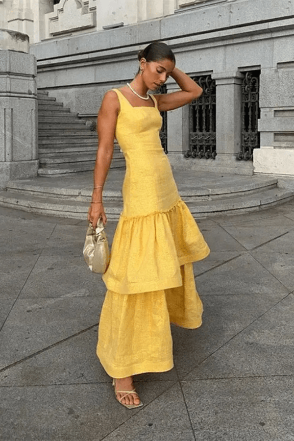 Women’s Linen Blend Ruffle Dress Elegant Wedding Guest Midi