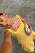Women’s Linen Blend Ruffle Dress Elegant Wedding Guest Midi