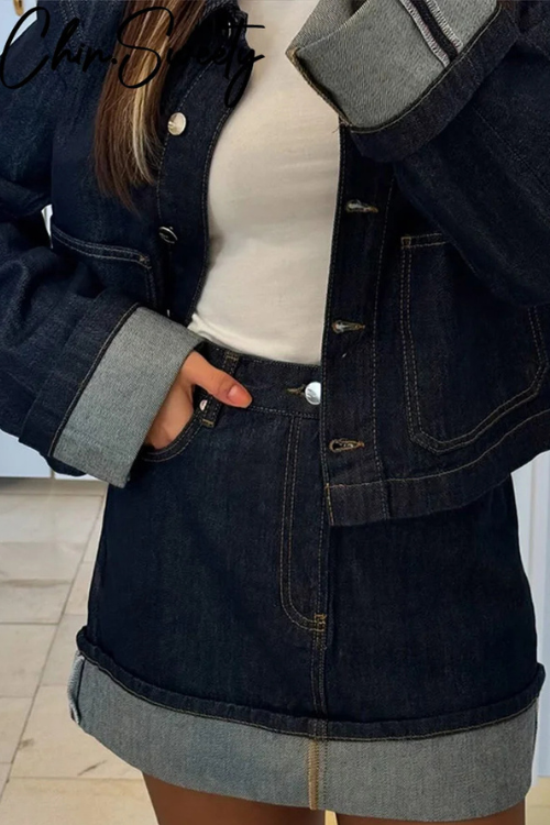 Women'S Cropped Denim Jacket High-Waist Mini Skirt Set