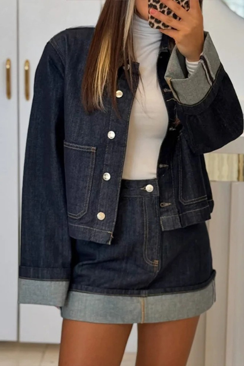 Women'S Cropped Denim Jacket High-Waist Mini Skirt Set