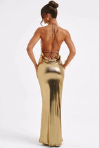 Women's Metallic Maxi Dress Backless Cowl Neck Evening Fit