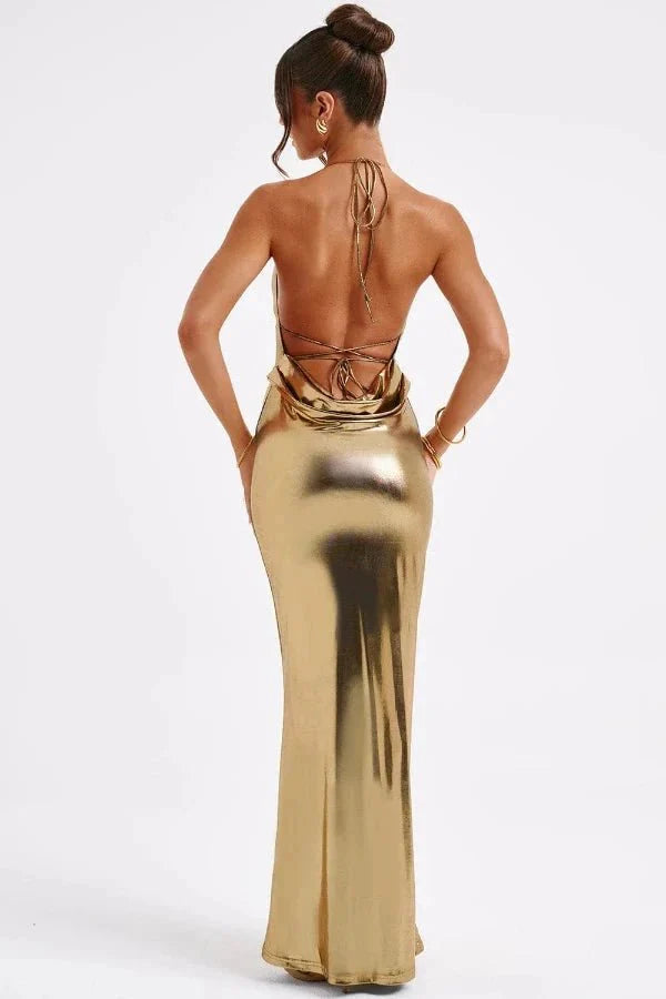 Women's Metallic Maxi Dress Backless Cowl Neck Evening Fit