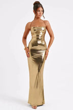 Women's Metallic Maxi Dress Backless Cowl Neck Evening Fit