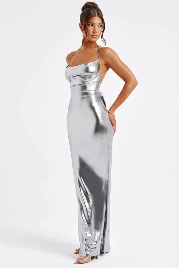 Women's Metallic Maxi Dress Backless Cowl Neck Evening Fit