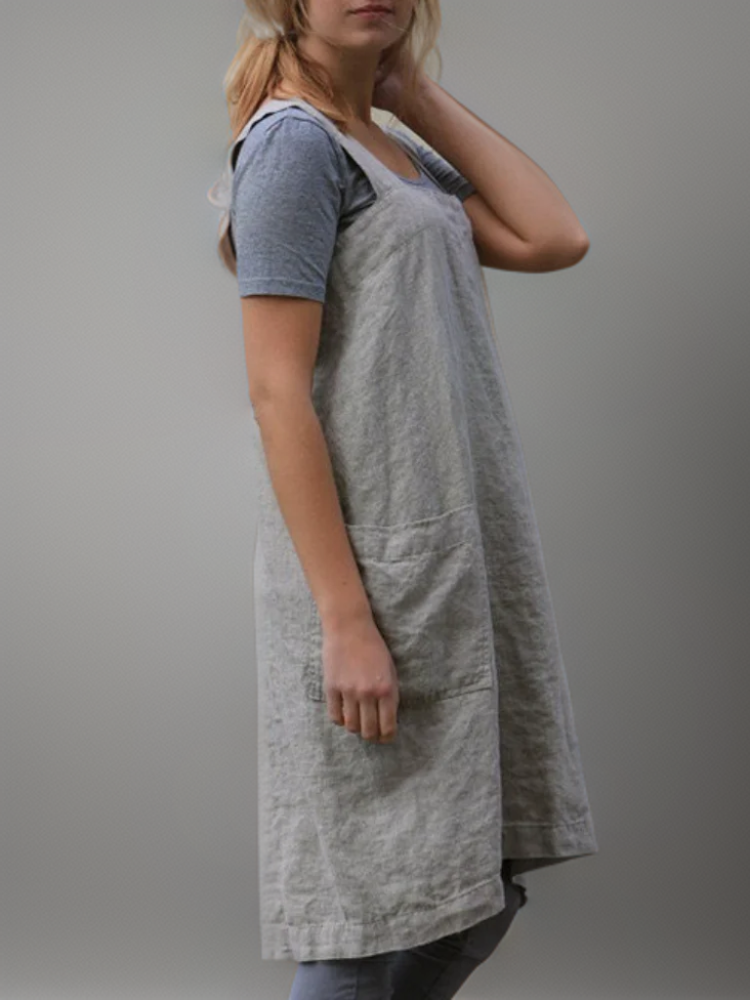 Women’s Cotton Linen Apron Dress Cross Back Pockets