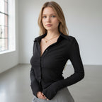 Women's Fitted Ribbed Top With Collar Button Closure