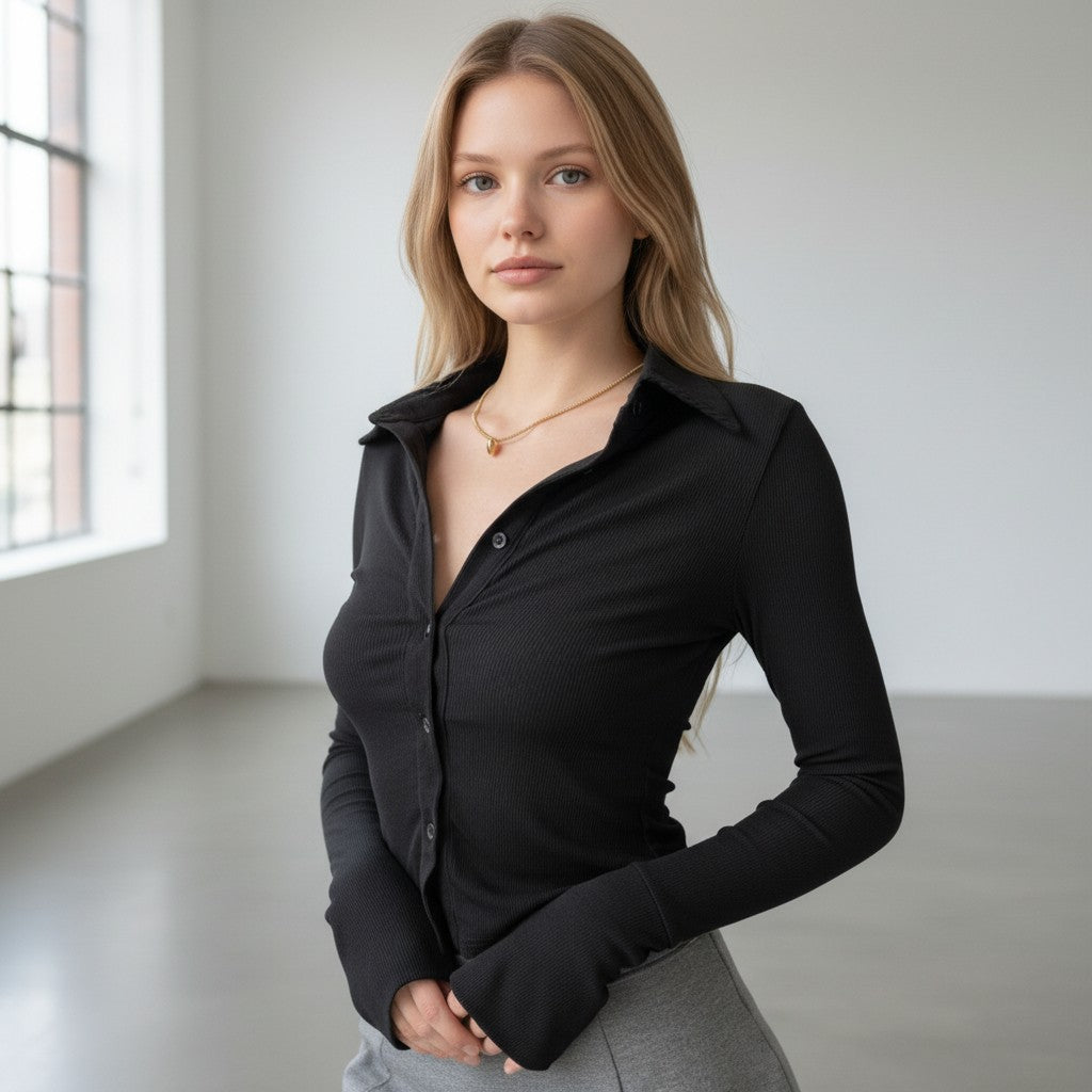 Women's Fitted Ribbed Top With Collar Button Closure