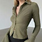 Women's Fitted Ribbed Top With Collar Button Closure