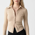 Women's Fitted Ribbed Top With Collar Button Closure