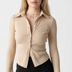 Women's Fitted Ribbed Top With Collar Button Closure