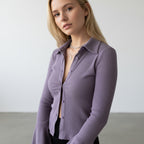 Women's Fitted Ribbed Top With Collar Button Closure