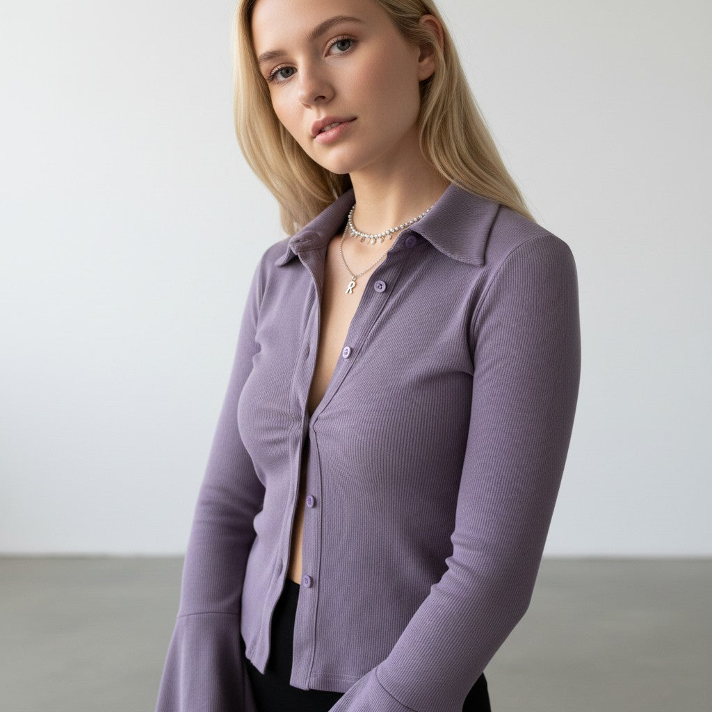 Women's Fitted Ribbed Top With Collar Button Closure